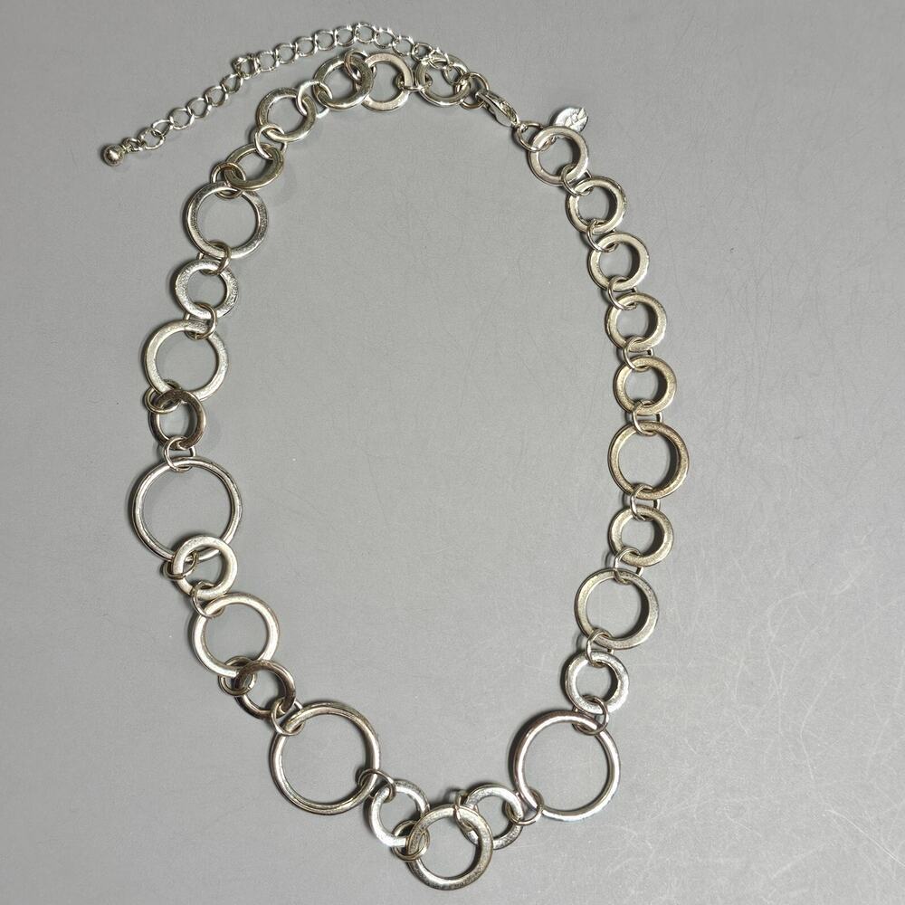 KR Round Circle Link Chain Necklace Open Hoops Silvertone Signed 16" to 18"